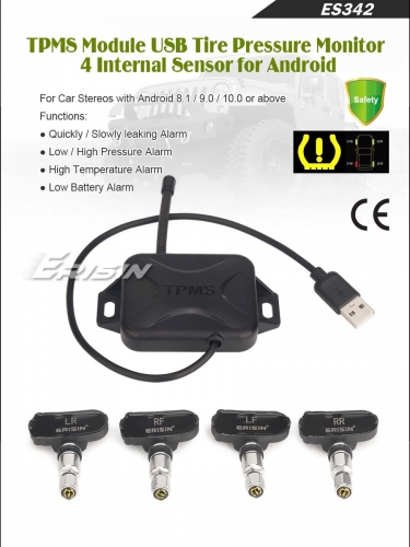 Erisin ES342 USB 4 Internal Sensor TPMS Tire Pressure Monitor for Car Stereo with Android 9.0/10.0/11/12/13/14 or above