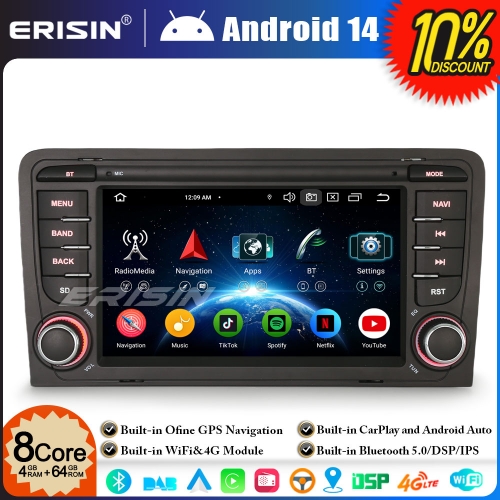 Erisin ES5773AN 8-Core 4GB+64GB Android 14 Car Stereo GPS Satnav Radio for AUDI A3 S3 RS3 RNSE-PU 7" Radio BT 5.0 CarPlay Android Auto WiFi DSP Canbus