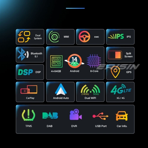 Erisin 10,25 Pollici 8-Core 4GB 64GB Android 14 Autoradio Bluetooth GPS Navigatore Per Audi A4 A5 B8 S4 S5 2009-2016 Supporto CarPlay Senza Fili Android Auto WiFi 4G DSP DAB IPS Schermo USB - View #8