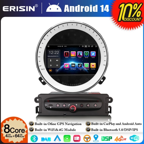 Erisin ES8518M Android 14 8-Core Car Stereo GPS Sat Nav DVD Player for BMW Mini Cooper 7" Touch Screen DAB+ BT 5.0 CarPlay Android Auto WiFi 4GB+64GB