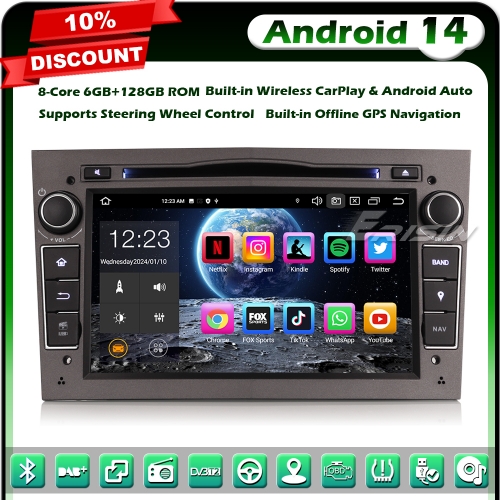 ES8660PG 6+128GB Android 14 8-Core Car Stereo GPS Sat Nav DVD Player for Vauxhall Astra Vivaro Corsa C/D Zafira Meriva DAB+ BT 5.0 CarPlay WiFi 4G IPS