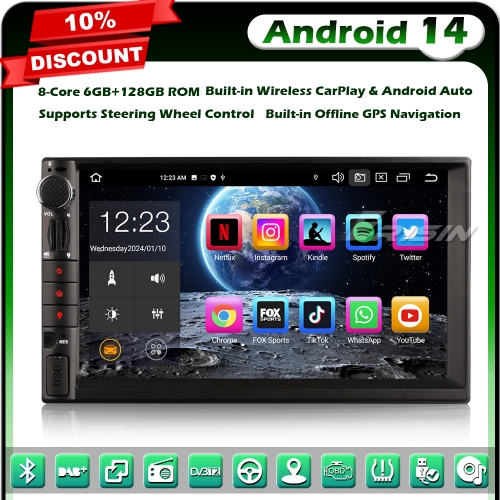 Erisin ES8649U 8-Core 6GB+128GB Android 14 Double 2 Din Car Stereo GPS Sat Nav Radio Bluetooth 5.0 WiFi 4G DAB+ IPS DSP CarPlay Android Auto OBD2 USB