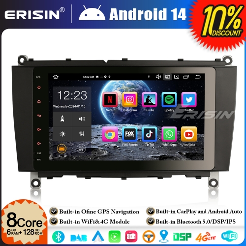 ES8684C 6GB+128GB Android 14 8-Core Car Stereo GPS Sat Nav Radio for Mercedes-Benz CLK-Class W209 C209 A209 DAB+ BT 5.0 CarPlay WiFi 4G IPS DSP Canbus