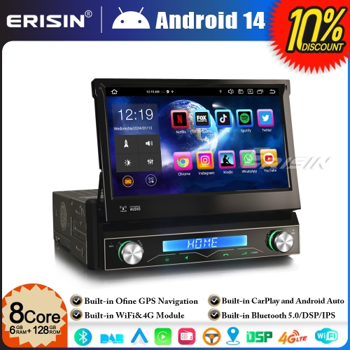 Erisin ES8668U 8-Core 6GB+128GB Android 14 Single Din Universal Detachable GPS Stereo Head Unit 7" Touch Screen CarPlay Android Auto BT 5.0 WiFi OBD2