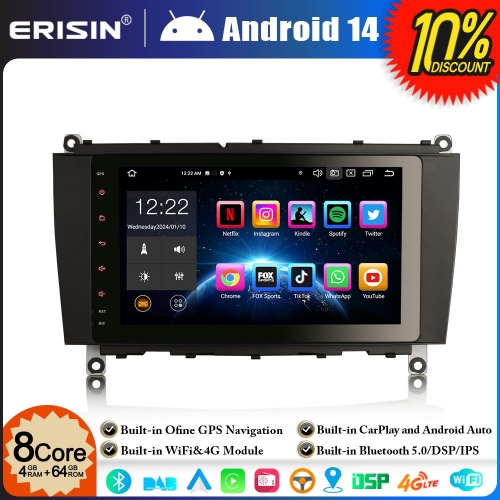 Erisin ES8584C 8 Inch 8-Core 4GB+64GB Android 14 Car Stereo Sat Nav GPS Radio DSP DAB+ for Mercedes CLK-Class W209 C209 A209 CarPlay WiFi 4G Bluetooth