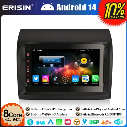 Erisin ES8874F 8-Core Android 14 DAB+ Car Stereo GPS Sat Nav for Citroen Jumper Peugeot Boxer Fiat Ducato CarPlay Android Auto OBD2 4GB RAM+64GB ROM