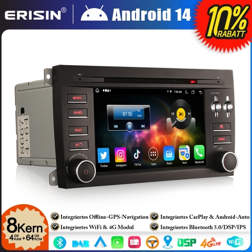 Erisin ES8814C 8-Core Android 14 Car Stereo Radio GPS Sat Nav for Porsche Cayenne Wireless CarPlay DAB+ DSP BT WiFi OBD2 4GB RAM+64GB ROM