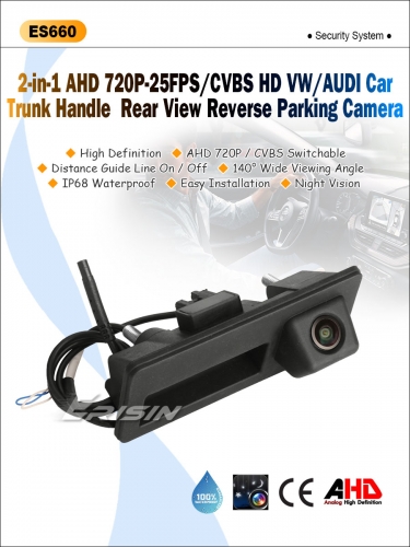 Erisin ES660 Rear View Camera for VW Audi, 140° Wide Angle Reversing Camera,720P AHD/CVBS,Night Vision, Boot Handle Camera for Golf Passat A3 A4 A6 Q5