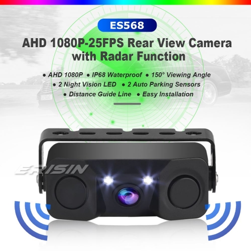 Erisin ES578 Reverse Camera,  AHD 1080P Reversing Camera with Radar Distance Sensor, 150° Wide Angle, 8m Night Vision, IP68 Waterproof, LED Lights