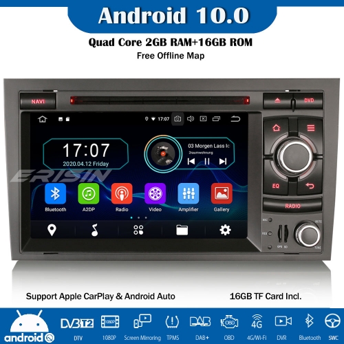 Erisin ES5974A Android 10.0 Car Stereo Radio Sat Nav CarPlay WiFi DAB+ DVD TPMS DTV OBD SWC For Audi A4 B7 S4 RS4 RNS-E Seat Exeo