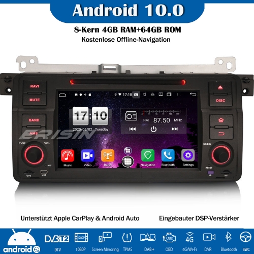 Erisin ES8746B Android 10.0 Autoradio DAB+GPS Bluetooth DSP CarPlay OBD DVD  Für BMW 3er E46 318 320 325 M3 Rover 75 MG ZT