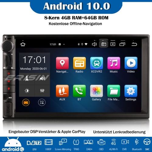 Erisin ES8149U 8-Core DAB+ Android 10.0 Double Din Car Stereo Sat Nav GPS DSP WiFi OBD Bluetooth 64GB CarPlay RDS TPMS