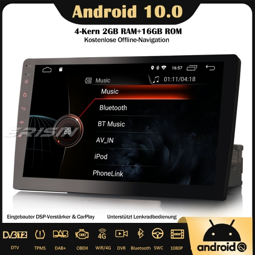Erisin ES4210U 10.1" Abnehmbarer 1 Din Android 10.0 Autoradio DSP DAB+ GPS SWC DVB-T2 CarPlay Navi OBD2 4G RDS Bluetooth TPMS