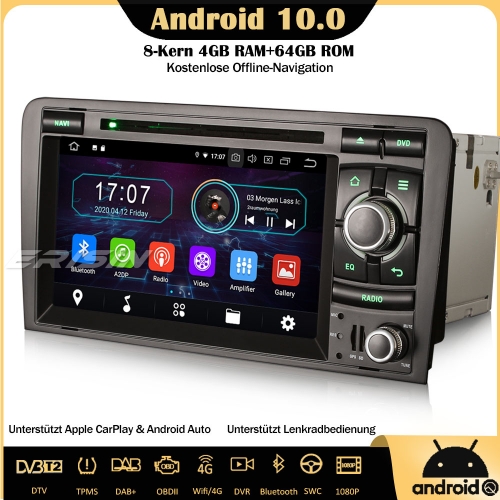 Erisin ES6973A 8-Kern Android 10.0 Autoradio GPS DTV CarPlay WiFi DAB+ BT OBD GPS Navi TPMS SWC Für AUDI A3 S3 RS3 RNSE-PU
