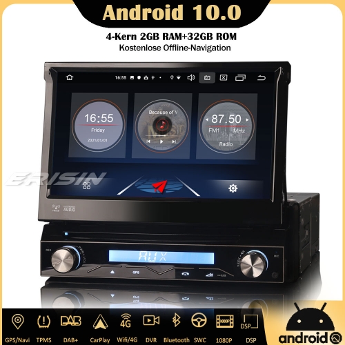 Erisin ES5188U Abnehmbares 1 Din Android 10.0 Autoradio GPS DAB+WiFi DVD  CarPlay DVB-T2 Navi TPMS DVD DVR