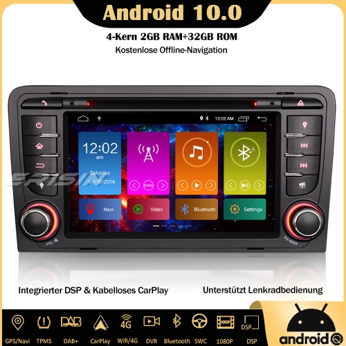 Erisin ES2747A  Android 10.0 DAB+ Autoradio GPS CarPlay Wifi OBD2 DSP Bluetooth TPMS RDS DVD Für AUDI A3 S3 RS3 RNSE-PU