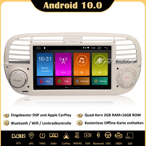 Erisin ES3050FW Android 10.0 Autoradio GPS Navigation DSP CarPlay WiFi DAB+ OBD2 DVB-T2 USB Android Auto Für Fiat 500