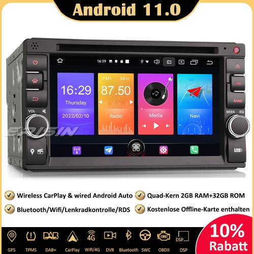 Erisn ES2736UN Doppel 2Din Android 11.0 Nissan/Universal Autoradio DAB+ GPS Wifi CarPlay OBD2 DVD SWC Navi Bluetooth USB RDS 4G