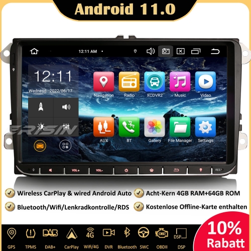 Erisin 9" ES8128V 8-Kern Android 11.0 DAB+ DSP Autoradio CarPlay OBD Bluetooth Canbus DVB-T2 RDS GPS SWC Für VW Passat Polo Golf 5 Tiguan Touran Seat