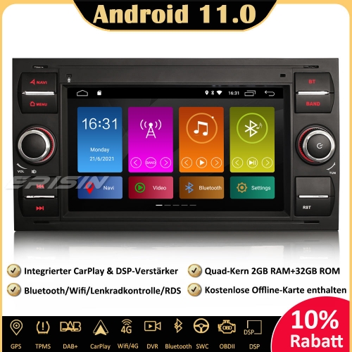 Erisin ES3131FB Android 11 Autoradio GPS DSP CarPlay WiFi DAB+ OBD2 DVB-T2 Navi CD Für Ford C/S-Max Fiesta Kuga Focus Galaxy Transit Connect