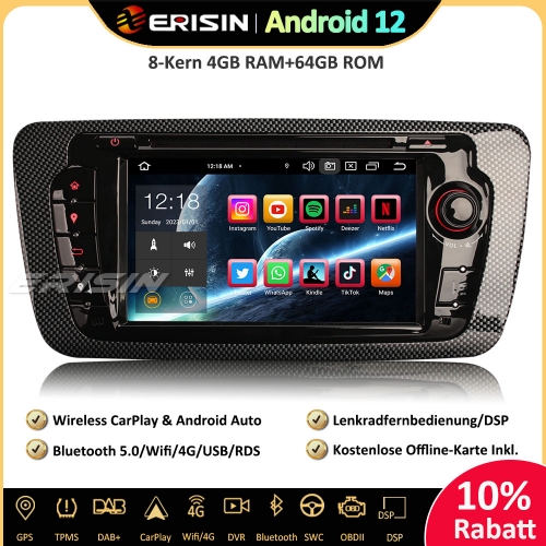 Erisin ES8522S 8-Kern Android 12 Autoradio GPS Navi Wireless CarPlay DAB+ Android Auto Canbus BT5.0 SWC DVB-T2 RDS DSP Für SEAT Ibiza