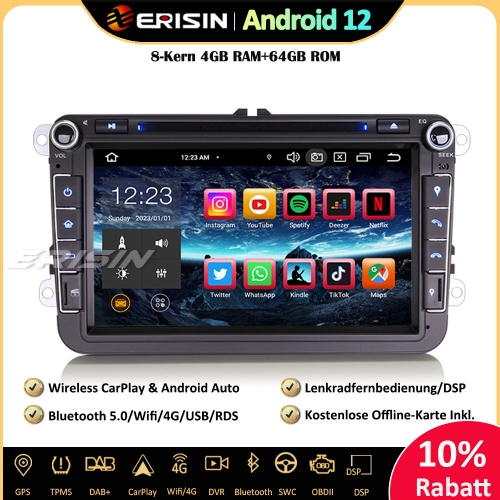 Erisin ES8515V 8-Kern Android 12 Car Stereo Sat Nav CarPlay DAB+ Android Auto BT5.0 OPS RDS For VW Polo Passat Golf 5/6 T5 Jetta Tiguan Touran SEAT