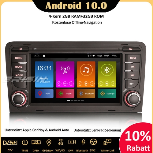 Erisin ES3127A 7 Zoll Android 10.0 Autoradio GPS Navi CarPlay DAB+ DSP Wifi Bluetooth RDS Android-Auto Für AUDI A3 S3 RS3 RNSE-PU