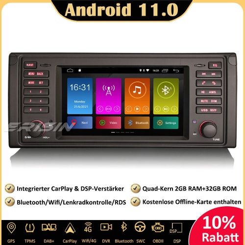 Erisin ES3153BN 7 inch Android 11.0 Car Stereo Sat Nav GPS CarPlay DSP DAB+ Wifi RDS Bluetooth For BMW 5 Series E39 X5 E53 M5