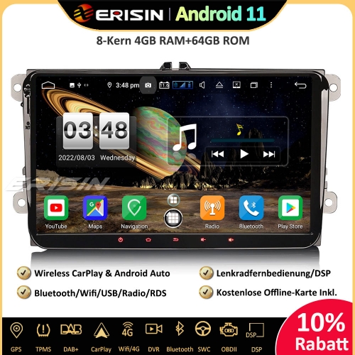 Erisin ES8791V 9" Android 11.0 Autoradio 8- Kern Wifi OBD Bluetooth DAB+GPS OPS DSP 4G CarPlay Android Auto SWC Für VW Passat Golf 5/6 Touran Eos Polo