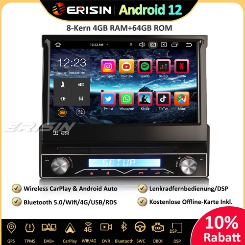 Erisin ES8588U 8-Kern Android 12 Abnehmbar Autoradio GPS Navi CarPlay DAB+ Android Auto BT5.0 DSP WLAN DVB-T2 CD OBD2 RDS USB 4G