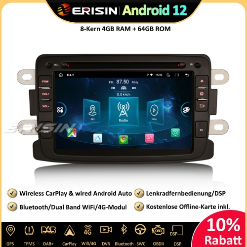 Erisin ES8973D 8-Kern Android 12 Autoradio GPS CarPlay DAB+ CD Player Bluetooth DSP Navi Für Renault Dacia Duster Dokker Lodgy