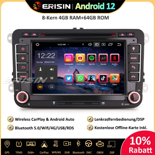Erisin ES8548V 8-Kern Android 12 Car Stereo Sat Nav CarPlay DAB+ Android Auto OPS RDS For VW Polo T5 Passat Golf 5/6 T5 Caddy Tiguan Touran Seat Skoda