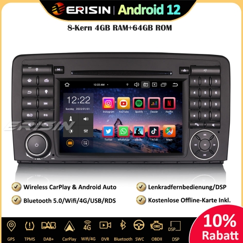 Erisin ES8581R 7 Zoll 8-Kern Android 12 Autoradio GPS CarPlay DAB+ Canbus Navigation CD Player RDS Navi Für Mercedes Benz R-Klasse W251