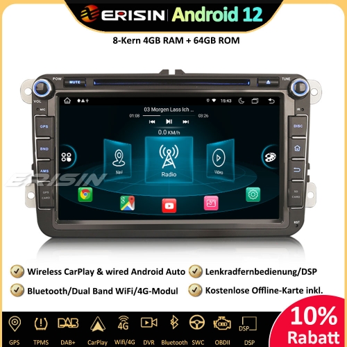 Erisin ES8915V 8-Core 8" Android 12 Car Stereo Sat Nav CarPlay WiFi DAB+ OPS CD For VW T5 Polo Golf 5/6 Caddy Sharan Tiguan Passat Seat