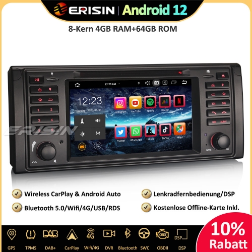 Erisin ES8539B 7 Zoll 8-Kern Android 12 Autoradio GPS CarPlay DAB+ Canbus Navigation CD Player RDS Navi Für BMW 5er E39 M5