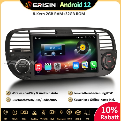 Erisin ES8650FB 8-Core Android 12 Car Stereo Sat Nav GPS CarPlay WiFi DAB+ Bluetooth DSP OBD2 Navi Canbus TPMS DTV For Fiat 500