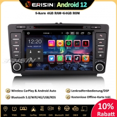 Erisin ES8526S 8 inch 8-Core Android 12 Car Stereo Sat Nav GPS CarPlay DAB+ Navigation CD Player RDS For Skoda Octavia Yeti Rapid Roomster Superb