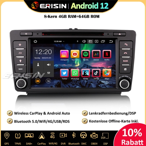 Erisin ES8526S 8 Zoll 8-Kern Android 12 Autoradio GPS CarPlay DAB+ Navigation CD Player RDS Navi Für Skoda Octavia Yeti Rapid Roomster Superb