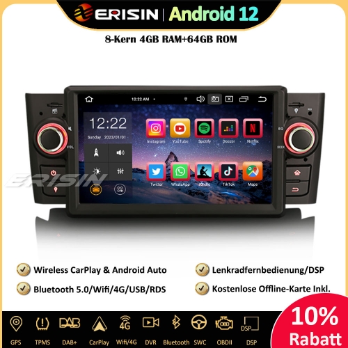 Erisin ES8523L 7 Zoll 8-Kern Android 12 Autoradio GPS CarPlay DAB+ Navigation RDS OBD2 Wifi TPMS Canbus Für Fiat Punto Linea