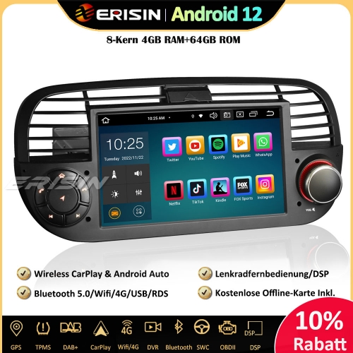Erisin ES8550FB 7 inch 8-Core Android 12 Car Stereo GPS For Fiat 500/500C/500S/500E Support Wireless CarPlay DAB+ Navigation OBD2 Wifi Canbus