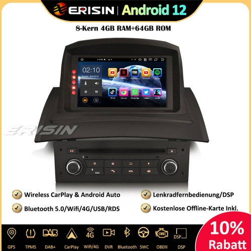 Erisin ES8572M 7 Zoll 8-Kern 4GB+64GB Android 12 Autoradio mit GPS Navigation Für Renault Megane 2 Unterstützt Wireless CarPlay DAB+ OBD DVD