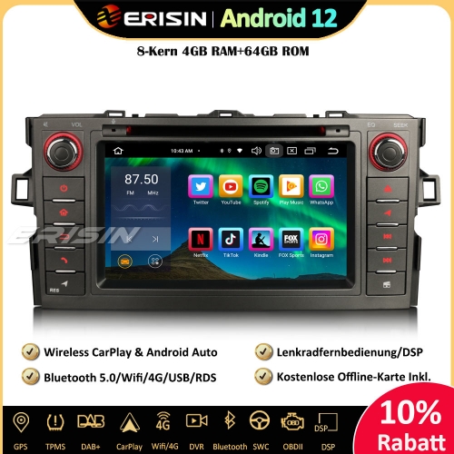 Erisin ES8517A 7 Inch Android 12 Autoradio GPS Navigation For Toyota Auris CarPlay Android Auto DAB+ Wifi SWC DSP CD Player RDS DVD