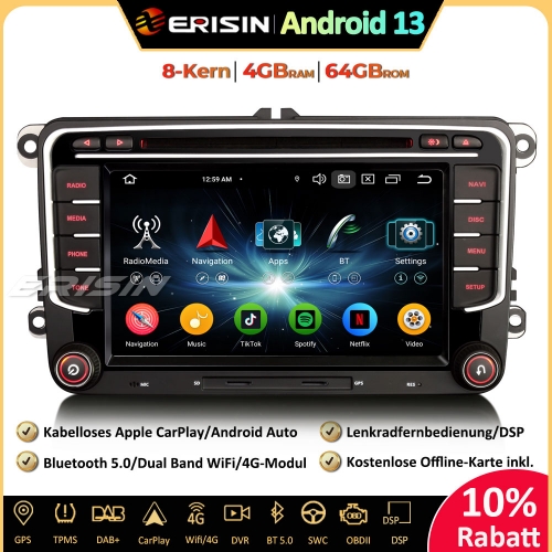 Erisin ES6735V 7 Zoll Android 13 Autoradio GPS Navigation Für VW Golf 5/6 Tiguan Passat B6 Polo Caddy T5 Touran Seat Skoda CarPlay Android Auto DAB+