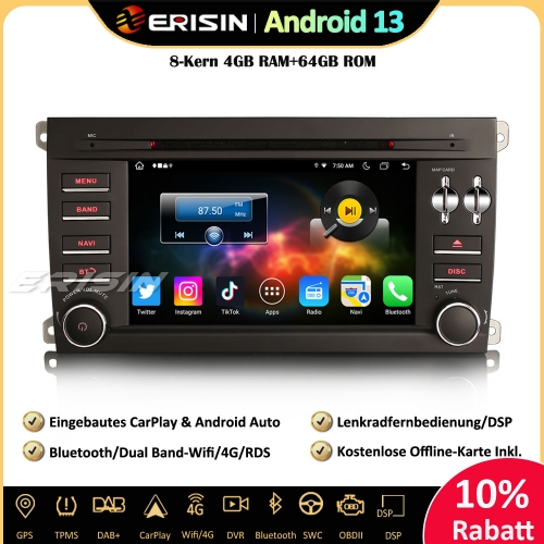Erisin ES8814C 8-Kern Android 13 Autoradio Bluetooth mit GPS für Porsche Cayenne CarPlay WiFi DAB+ OBD2 DSP Android-Auto DVD Player