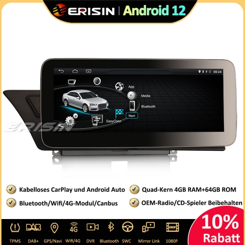 Erisin ES3674A 10.25" IPS Android 12 Car Stereo Sat Nav GPS Navi CarPlay DAB+ Android Auto Canbus Bluetooth SWC For Audi A4 A5 B8 S4 S5
