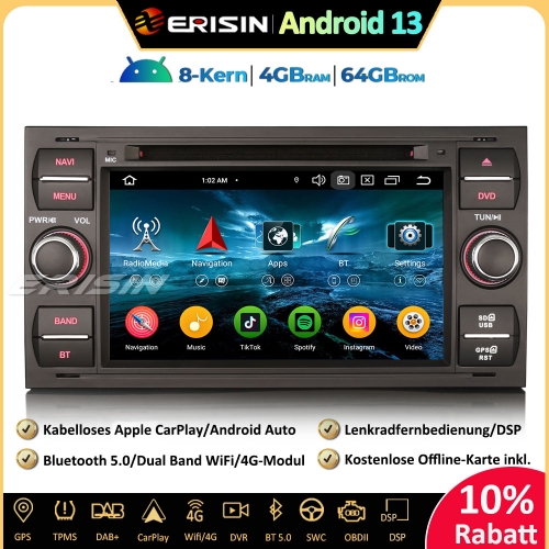 Erisin ES6766F 7 Inch Android 13 Autoradio GPS Navigation CD DVD For Ford Focus S/C-Max Fiesta Transit CarPlay Android Auto DAB+ OBD