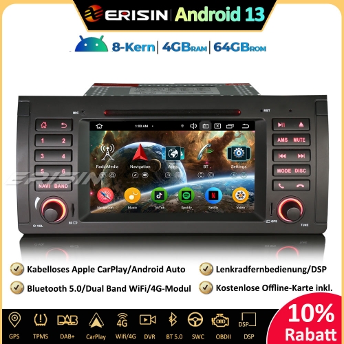 Erisin ES6753B 7 Inch Android 13 Autoradio GPS Navigation For BMW X5 E53 CarPlay Android Auto DAB+ Canbus OBD RDS FM CD DVD Head Unit St