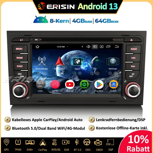 Erisin ES6774A 7 Inch Android 13 Autoradio GPS Navigation For Audi A4 S4 RS4 Seat Exeo CarPlay Android Auto DAB+ Canbus OBD RDS FM CD DVD Head Unit St