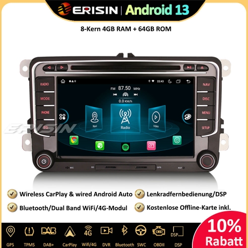 Erisin ES8935V 8-Kern 7" Android 13 Autoradio GPS wireless CarPlay WiFi DAB+ BT OBD Navi OPS DTV Für VW Polo Golf 5/6 Caddy Sharan Tiguan Passat EOS