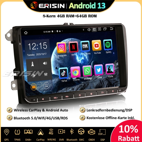 Erisin ES8528V 9" 8-Core Android 13 Car Sat Nav CarPlay DAB+ OPS RDS For VW Golf 5/6 Passat Polo Tiguan Jetta Touran Caddy Seat Skoda